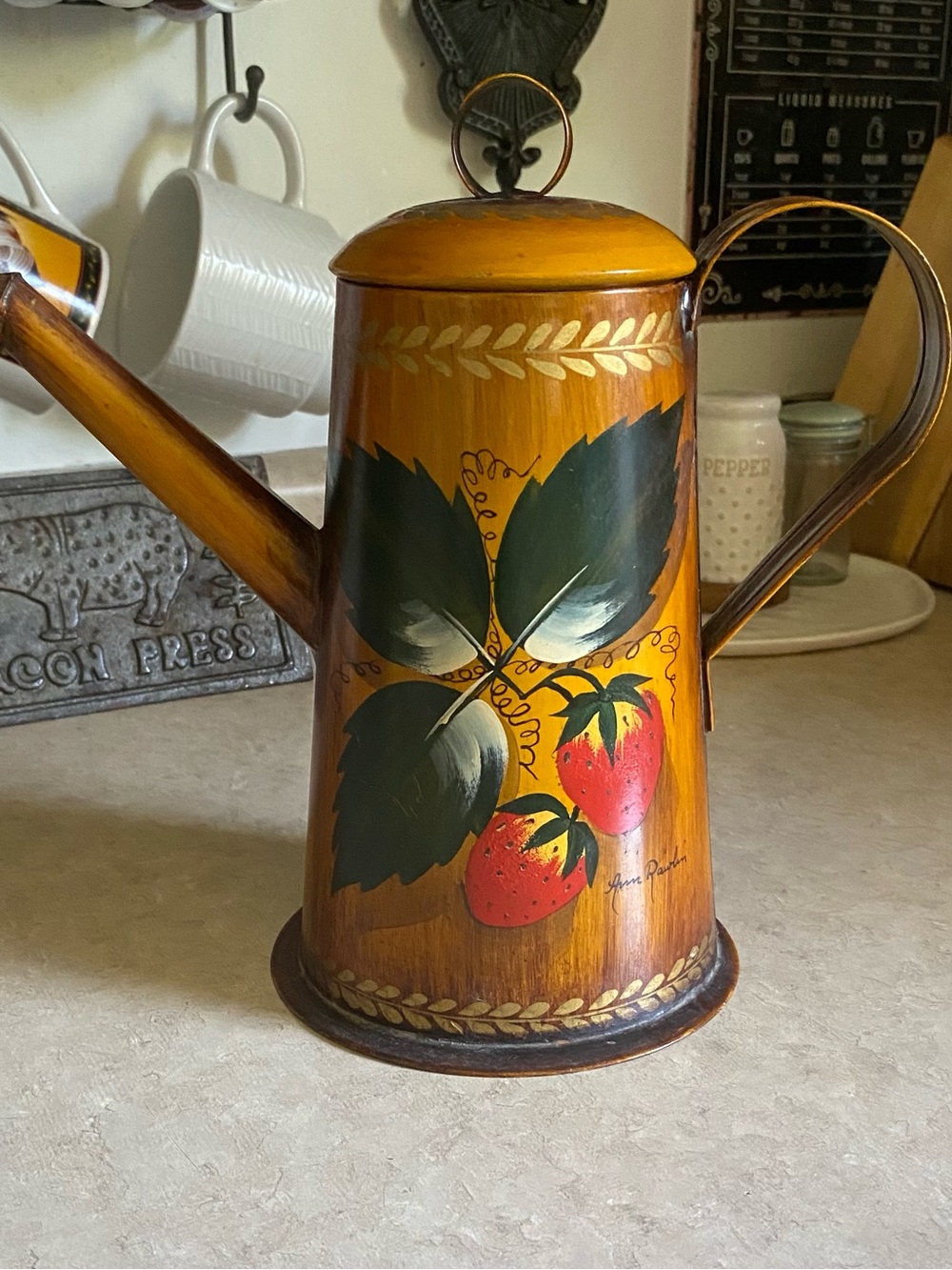 Vintage Decorative Strawberry Toleware Metal Coffee Pot Pitcher Cottage Rustic